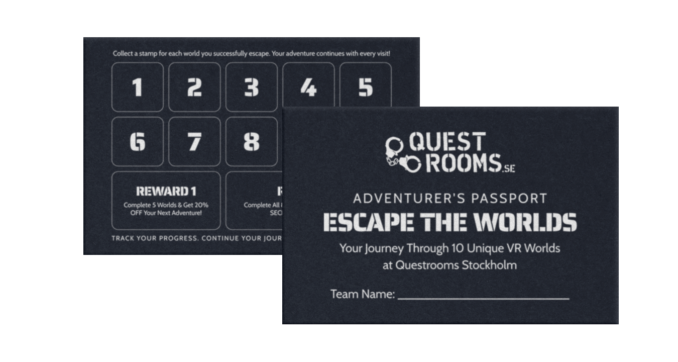 Questrooms Escape the Worlds Loyalty Card for Questrooms Stockholm